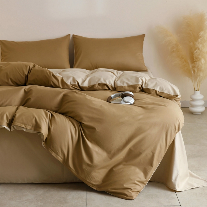 91家纺网 家纺一手货源 找家纺 泽西家纺+V17798841158发大图 2026新品A类全棉13376简约纯色双拼全棉四件套单被套枕套三件套 焦糖+卡其