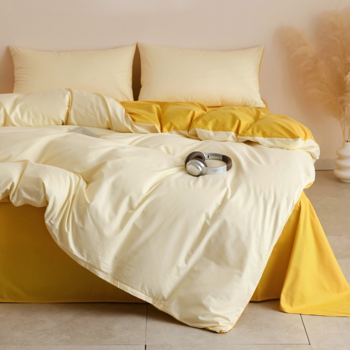 91家纺网 家纺一手货源 找家纺 泽西家纺+V17798841158发大图 2026新品A类全棉13376简约纯色双拼全棉四件套单被套枕套三件套 米黄+亮黄