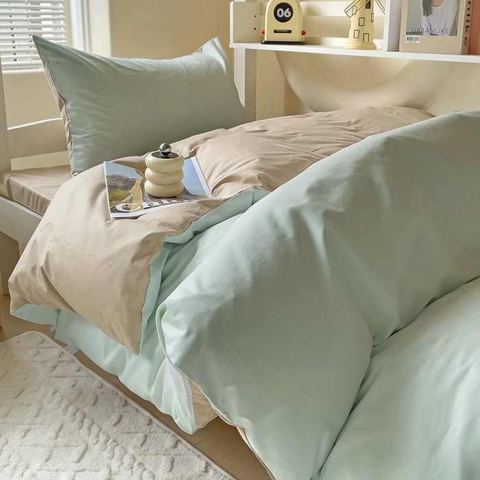 91家纺网 家纺一手货源 找家纺 泽西家纺+V17798841158发大图 2026新品A类全棉13376简约纯色双拼全棉四件套单被套枕套三件套 浅绿+卡其