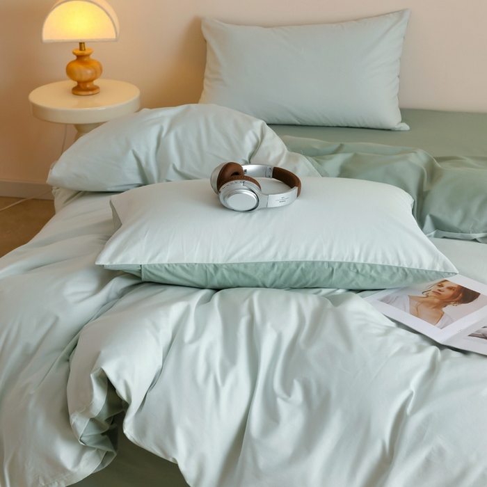 91家纺网 家纺一手货源 找家纺 泽西家纺+V17798841158发大图 2026新品A类全棉13376简约纯色双拼全棉四件套单被套枕套三件套 浅绿+豆绿