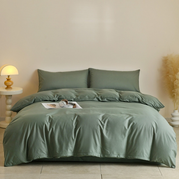 泽西家纺+V17798841158发大图 2026新品A类全棉13376简约纯色双拼全棉四件套单被套枕套三件套 军绿