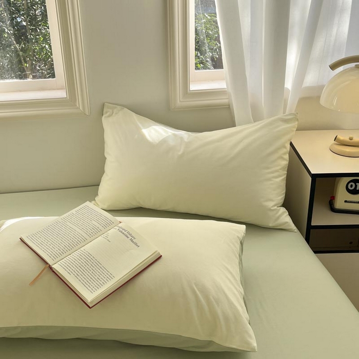 91家纺网 家纺一手货源 找家纺 泽西家纺+V17798841158发大图 2026新品A类全棉13376简约纯色双拼全棉四件套单被套枕套三件套 杏黄+橄榄绿