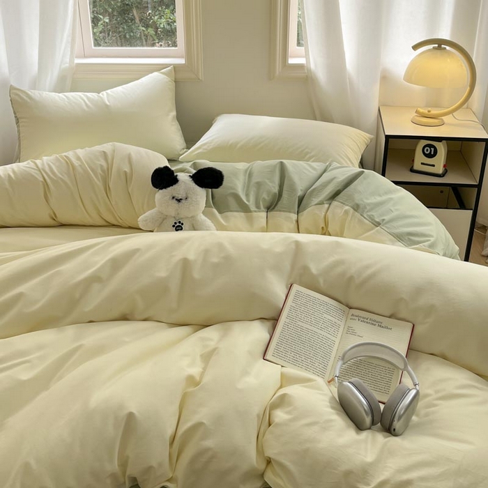 91家纺网 家纺一手货源 找家纺 泽西家纺+V17798841158发大图 2026新品A类全棉13376简约纯色双拼全棉四件套单被套枕套三件套 杏黄+橄榄绿