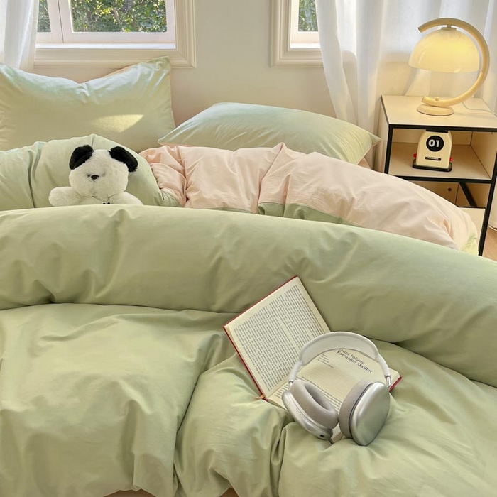 91家纺网 家纺一手货源 找家纺 泽西家纺+V17798841158发大图 2026新品A类全棉13376简约纯色双拼全棉四件套单被套枕套三件套 橄榄绿+奶茶