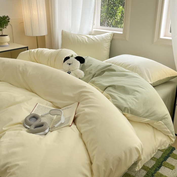 91家纺网 家纺一手货源 找家纺 泽西家纺+V17798841158发大图 2026新品A类全棉13376简约纯色双拼全棉四件套单被套枕套三件套 杏黄+橄榄绿