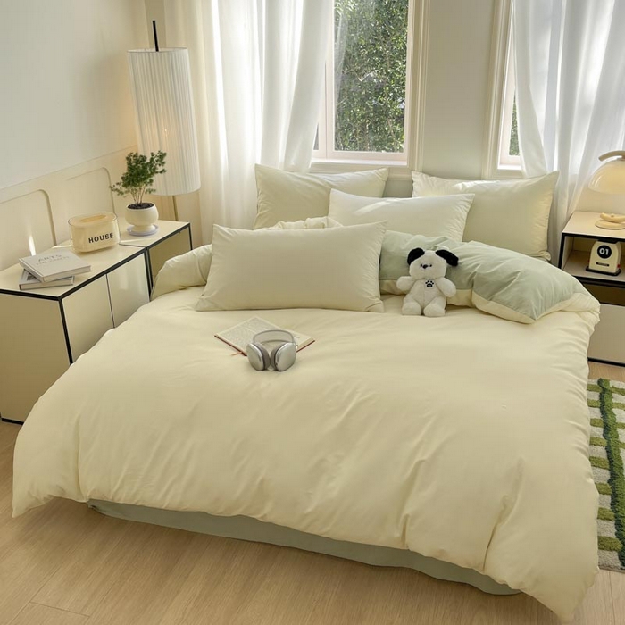 91家纺网 家纺一手货源 找家纺 泽西家纺+V17798841158发大图 2026新品A类全棉13376简约纯色双拼全棉四件套单被套枕套三件套 杏黄+橄榄绿