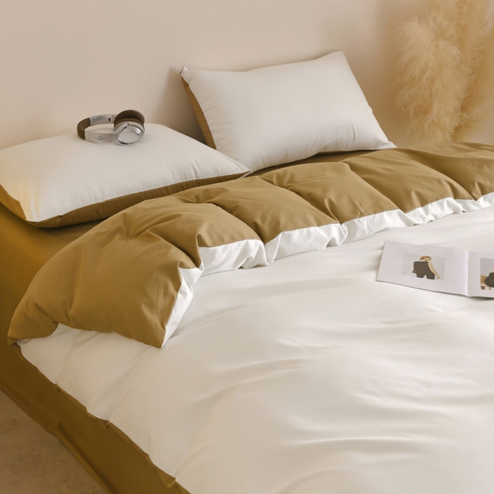 91家纺网 家纺一手货源 找家纺 泽西家纺+V17798841158发大图 2026新品A类全棉13376简约纯色双拼全棉四件套单被套枕套三件套 露白+焦糖