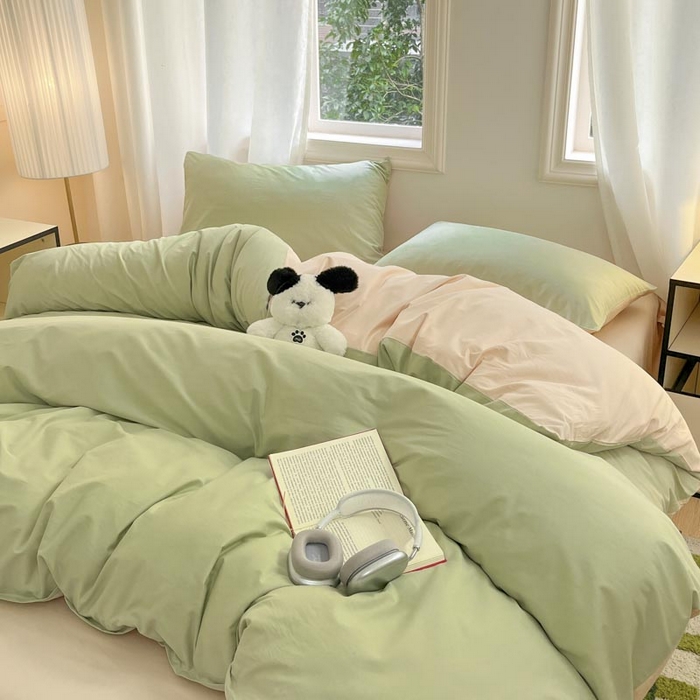 91家纺网 家纺一手货源 找家纺 泽西家纺+V17798841158发大图 2026新品A类全棉13376简约纯色双拼全棉四件套单被套枕套三件套 橄榄绿+奶茶