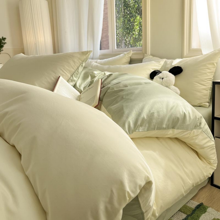 91家纺网 家纺一手货源 找家纺 泽西家纺+V17798841158发大图 2026新品A类全棉13376简约纯色双拼全棉四件套单被套枕套三件套 杏黄+橄榄绿