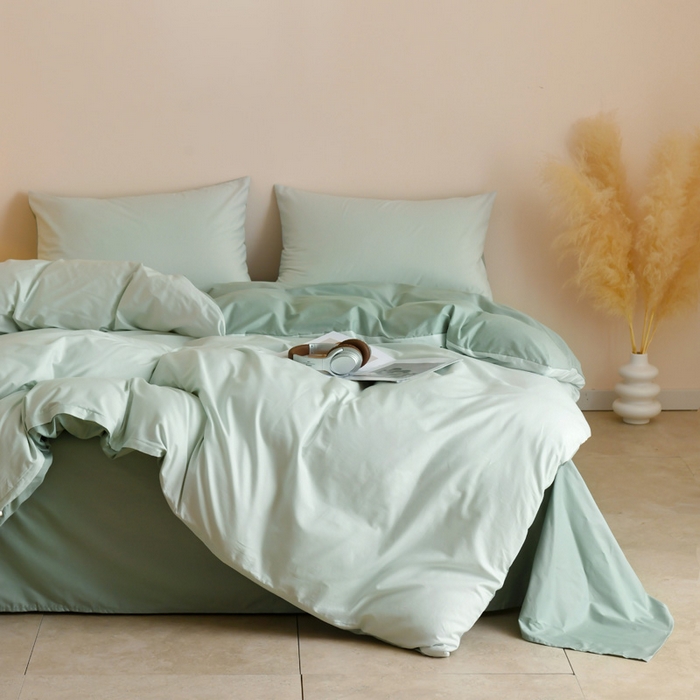 91家纺网 家纺一手货源 找家纺 泽西家纺+V17798841158发大图 2026新品A类全棉13376简约纯色双拼全棉四件套单被套枕套三件套 浅绿+豆绿