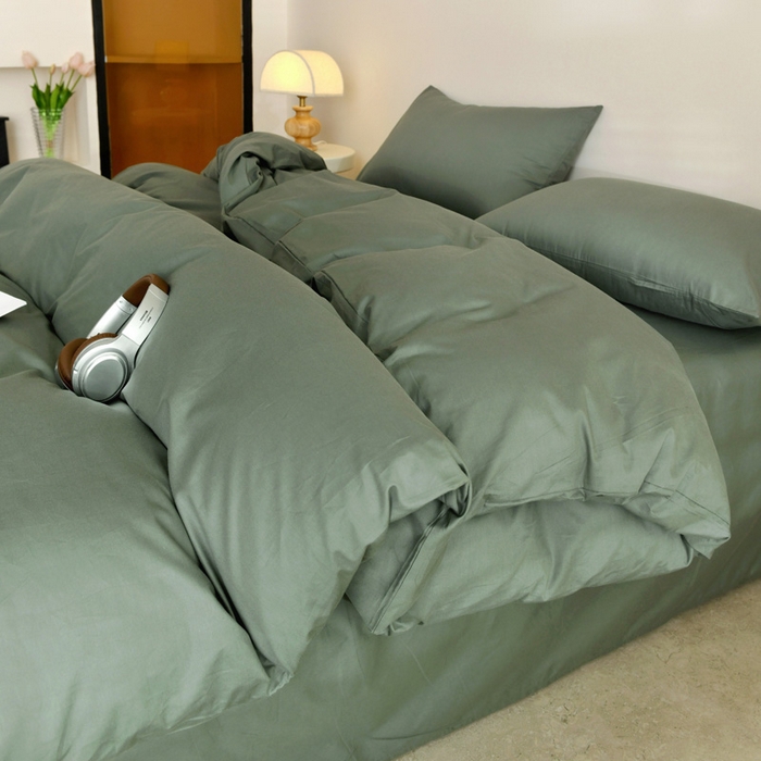 91家纺网 家纺一手货源 找家纺 泽西家纺+V17798841158发大图 2026新品A类全棉13376简约纯色双拼全棉四件套单被套枕套三件套 军绿