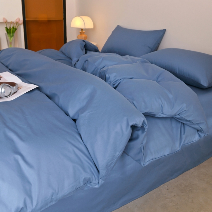 91家纺网 家纺一手货源 找家纺 泽西家纺+V17798841158发大图 2026新品A类全棉13376简约纯色双拼全棉四件套单被套枕套三件套 牛仔蓝