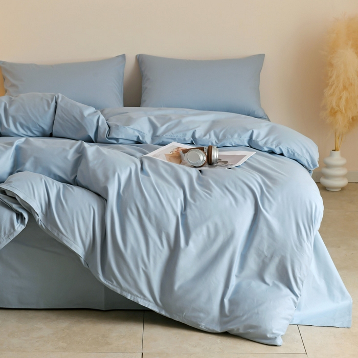 91家纺网 家纺一手货源 找家纺 泽西家纺+V17798841158发大图 2026新品A类全棉13376简约纯色双拼全棉四件套单被套枕套三件套 雾蓝