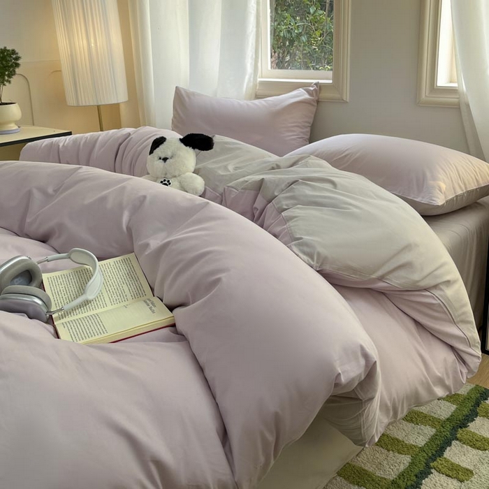 91家纺网 家纺一手货源 找家纺 泽西家纺+V17798841158发大图 2026新品A类全棉13376简约纯色双拼全棉四件套单被套枕套三件套 淡雅紫+山灰
