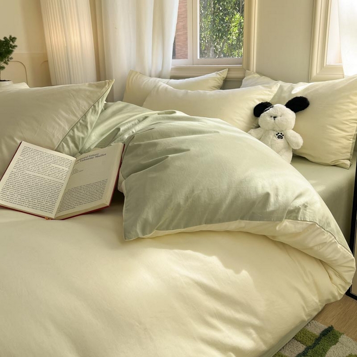 91家纺网 家纺一手货源 找家纺 泽西家纺+V17798841158发大图 2026新品A类全棉13376简约纯色双拼全棉四件套单被套枕套三件套 杏黄+橄榄绿