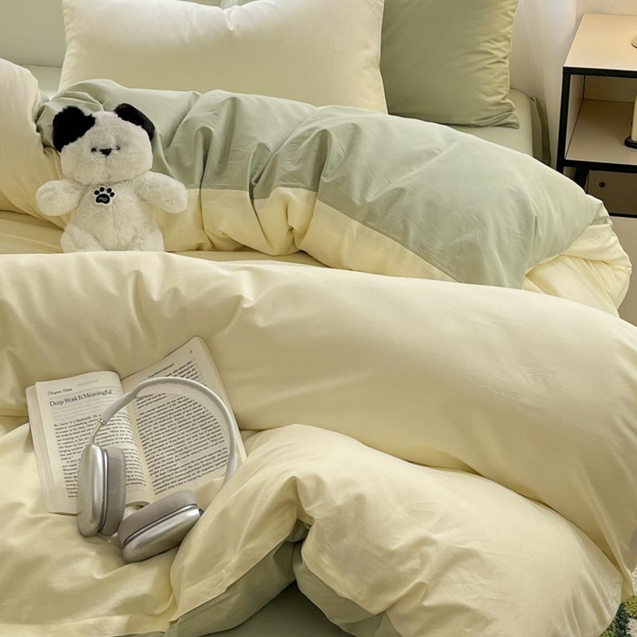 91家纺网 家纺一手货源 找家纺 泽西家纺+V17798841158发大图 2026新品A类全棉13376简约纯色双拼全棉四件套单被套枕套三件套 杏黄+橄榄绿