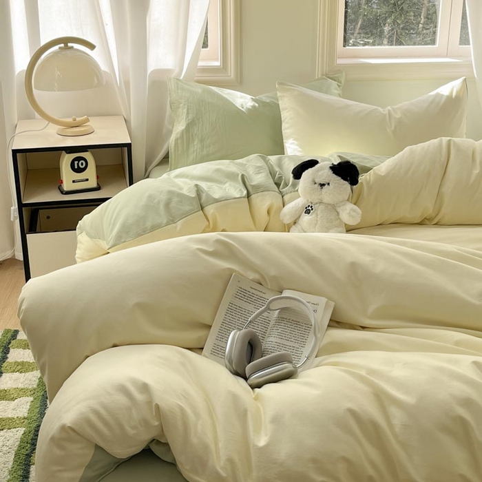 91家纺网 家纺一手货源 找家纺 泽西家纺+V17798841158发大图 2026新品A类全棉13376简约纯色双拼全棉四件套单被套枕套三件套 杏黄+橄榄绿