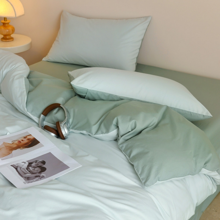 91家纺网 家纺一手货源 找家纺 泽西家纺+V17798841158发大图 2026新品A类全棉13376简约纯色双拼全棉四件套单被套枕套三件套 浅绿+豆绿
