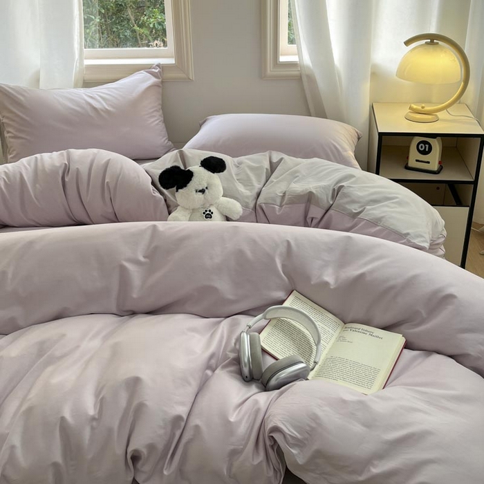 91家纺网 家纺一手货源 找家纺 泽西家纺+V17798841158发大图 2026新品A类全棉13376简约纯色双拼全棉四件套单被套枕套三件套 淡雅紫+山灰