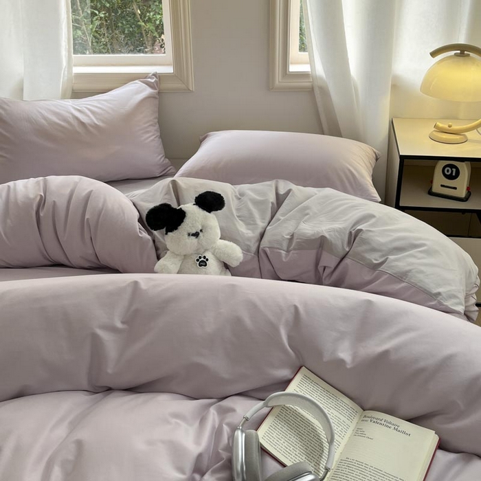 91家纺网 家纺一手货源 找家纺 泽西家纺+V17798841158发大图 2026新品A类全棉13376简约纯色双拼全棉四件套单被套枕套三件套 淡雅紫+山灰