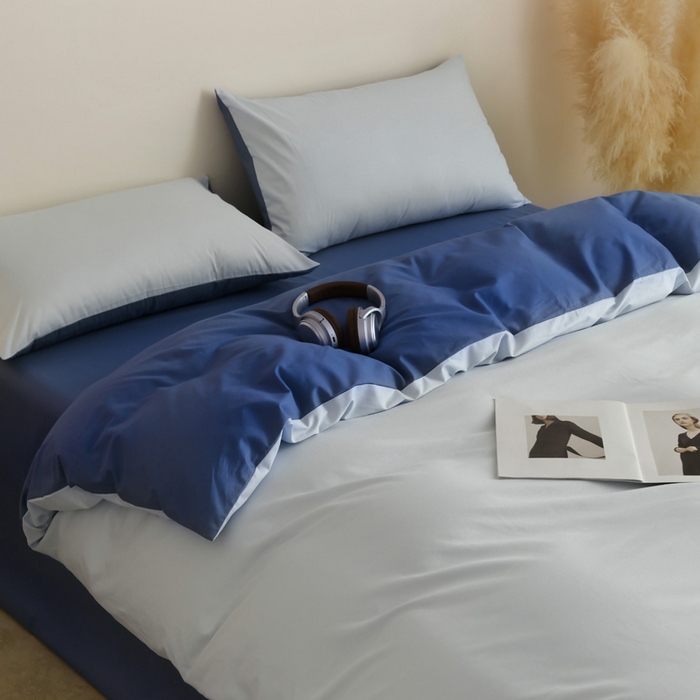 91家纺网 家纺一手货源 找家纺 泽西家纺+V17798841158发大图 2026新品A类全棉13376简约纯色双拼全棉四件套单被套枕套三件套 浅蓝+深蓝