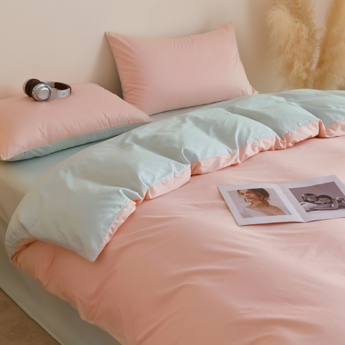 91家纺网 家纺一手货源 找家纺 泽西家纺+V17798841158发大图 2026新品A类全棉13376简约纯色双拼全棉四件套单被套枕套三件套 粉玉+绿