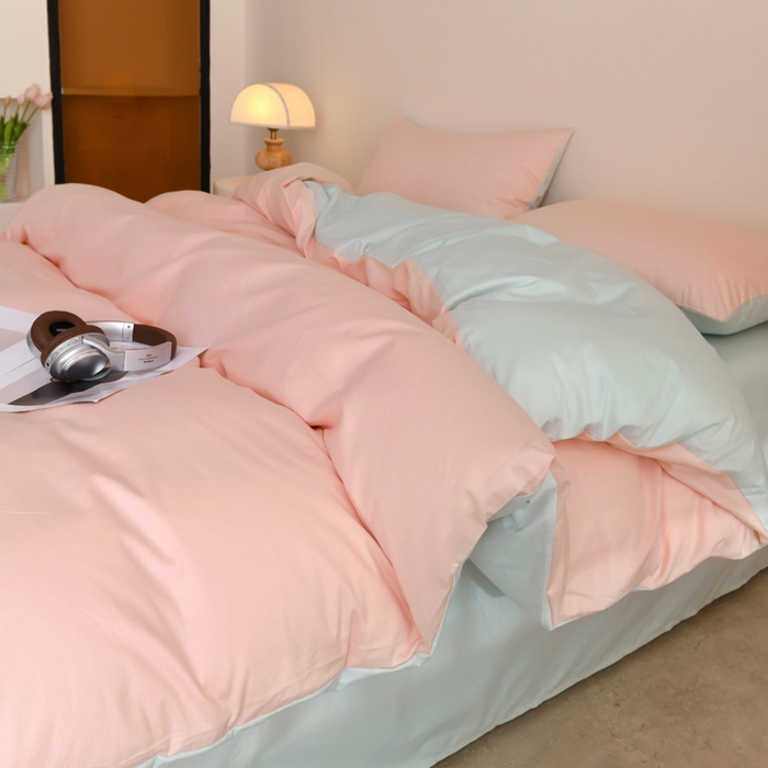 91家纺网 家纺一手货源 找家纺 泽西家纺+V17798841158发大图 2026新品A类全棉13376简约纯色双拼全棉四件套单被套枕套三件套 粉玉+绿