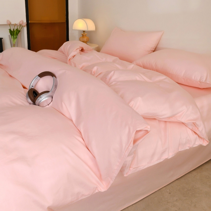 91家纺网 家纺一手货源 找家纺 泽西家纺+V17798841158发大图 2026新品A类全棉13376简约纯色双拼全棉四件套单被套枕套三件套 奶油粉