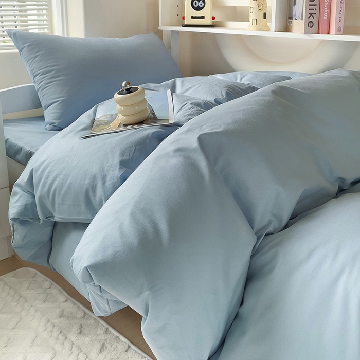91家纺网 家纺一手货源 找家纺 泽西家纺+V17798841158发大图 2026新品A类全棉13376简约纯色双拼全棉四件套单被套枕套三件套 雾蓝