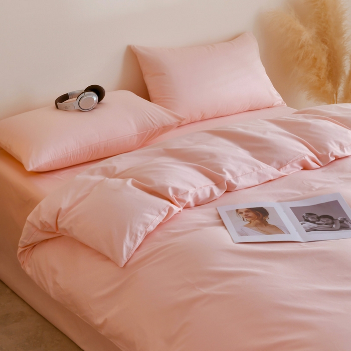 91家纺网 家纺一手货源 找家纺 泽西家纺+V17798841158发大图 2026新品A类全棉13376简约纯色双拼全棉四件套单被套枕套三件套 奶油粉