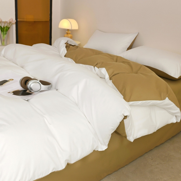 91家纺网 家纺一手货源 找家纺 泽西家纺+V17798841158发大图 2026新品A类全棉13376简约纯色双拼全棉四件套单被套枕套三件套 露白+焦糖