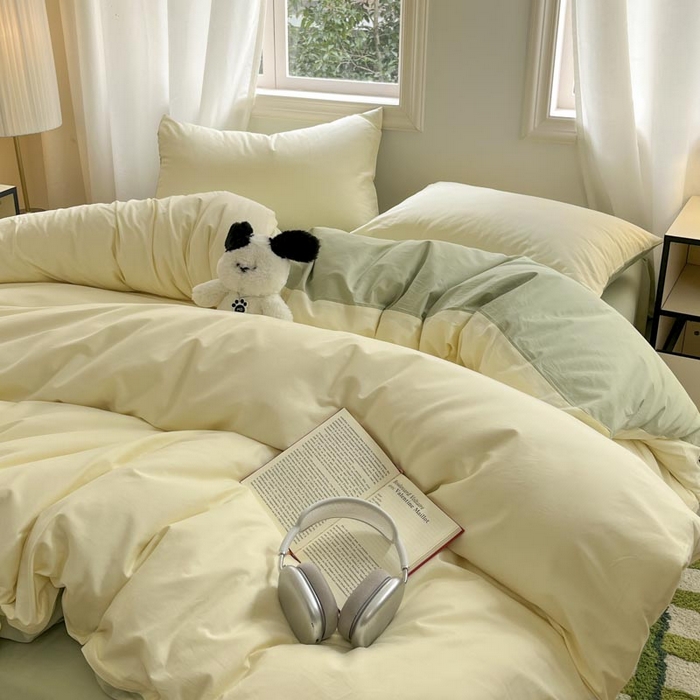 91家纺网 家纺一手货源 找家纺 泽西家纺+V17798841158发大图 2026新品A类全棉13376简约纯色双拼全棉四件套单被套枕套三件套 杏黄+橄榄绿