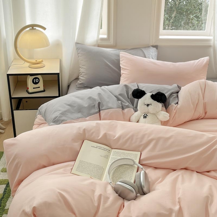 91家纺网 家纺一手货源 找家纺 泽西家纺+V17798841158发大图 2026新品A类全棉13376简约纯色双拼全棉四件套单被套枕套三件套 樱粉+深灰