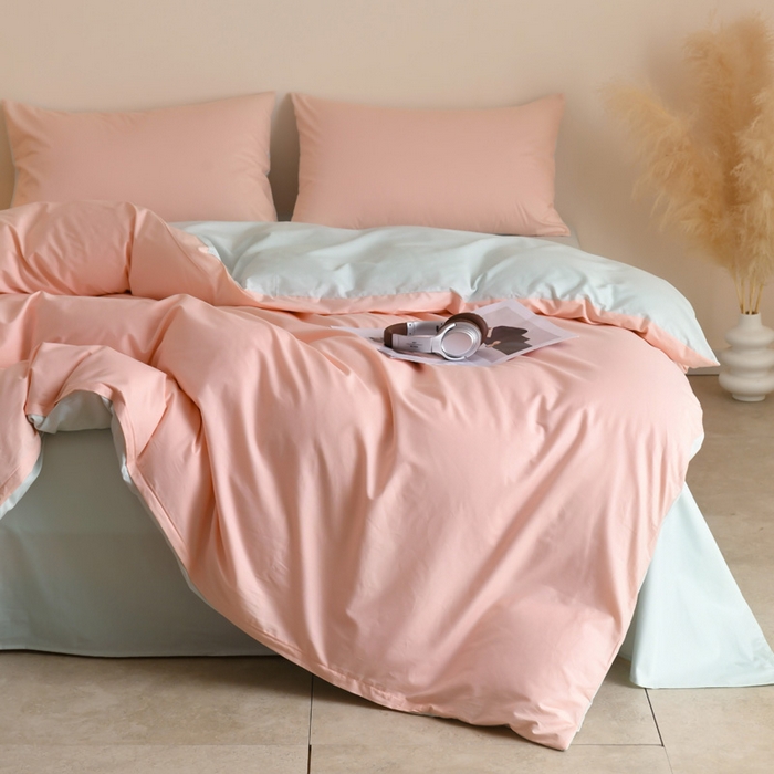 91家纺网 家纺一手货源 找家纺 泽西家纺+V17798841158发大图 2026新品A类全棉13376简约纯色双拼全棉四件套单被套枕套三件套 粉玉+绿