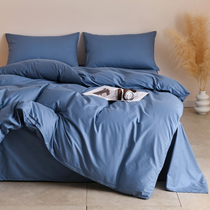 91家纺网 家纺一手货源 找家纺 泽西家纺+V17798841158发大图 2026新品A类全棉13376简约纯色双拼全棉四件套单被套枕套三件套 牛仔蓝