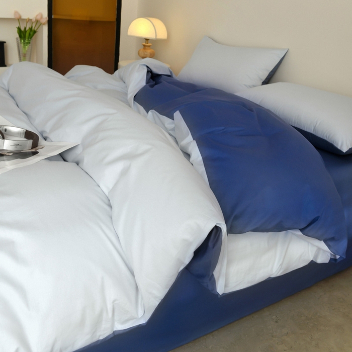 91家纺网 家纺一手货源 找家纺 泽西家纺+V17798841158发大图 2026新品A类全棉13376简约纯色双拼全棉四件套单被套枕套三件套 浅蓝+深蓝