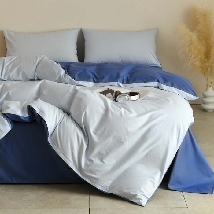 91家纺网 家纺一手货源 找家纺 泽西家纺+V17798841158发大图 2026新品A类全棉13376简约纯色双拼全棉四件套单被套枕套三件套 浅蓝+深蓝