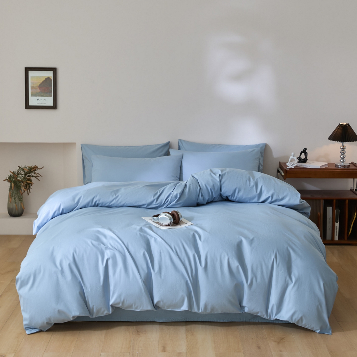 泽西家纺+V17798841158发大图 2026新品A类全棉13376简约纯色双拼全棉四件套单被套枕套三件套 水雾蓝