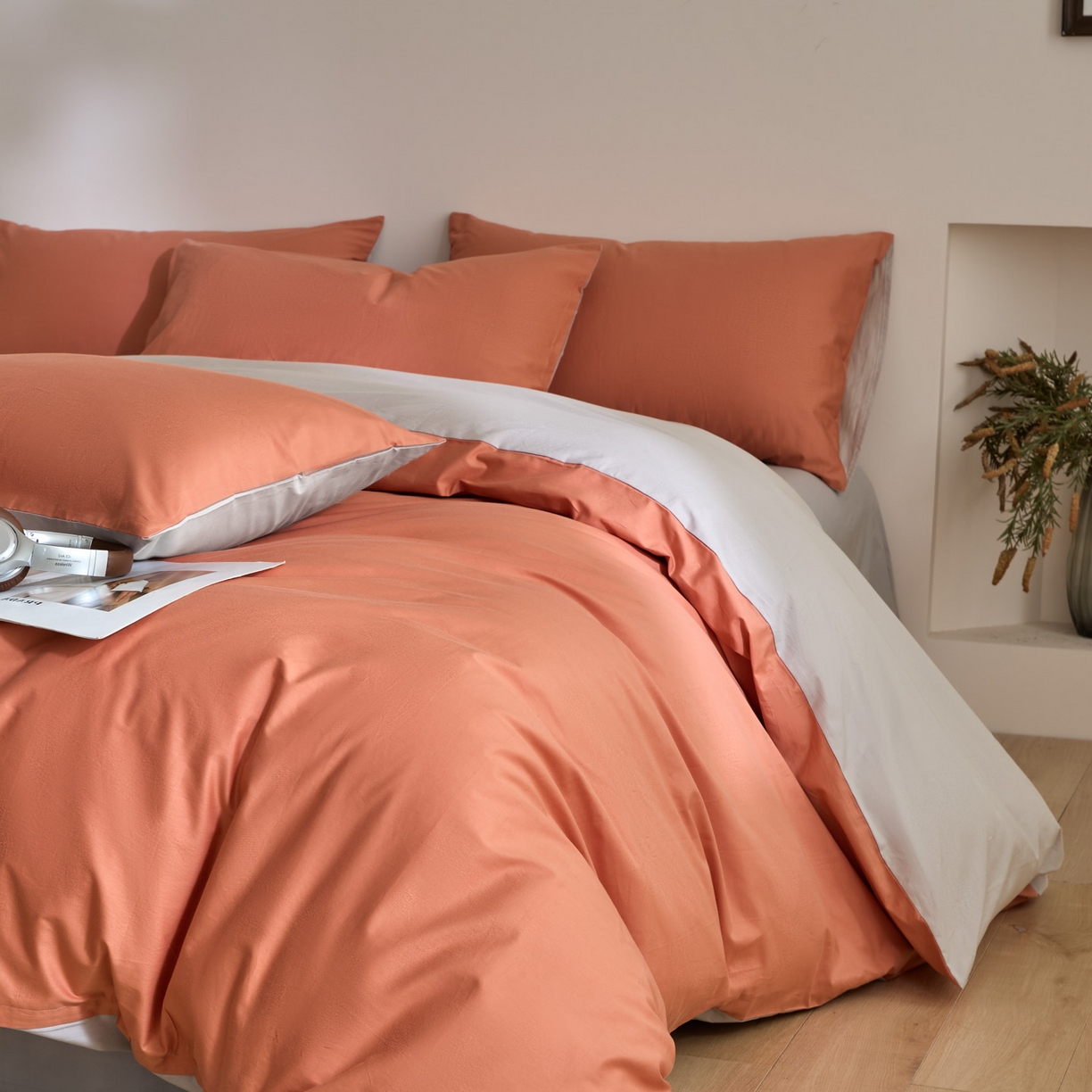 91家纺网 家纺一手货源 找家纺 泽西家纺+V17798841158发大图 2026新品A类全棉13376简约纯色双拼全棉四件套单被套枕套三件套 西柚橙+银河灰