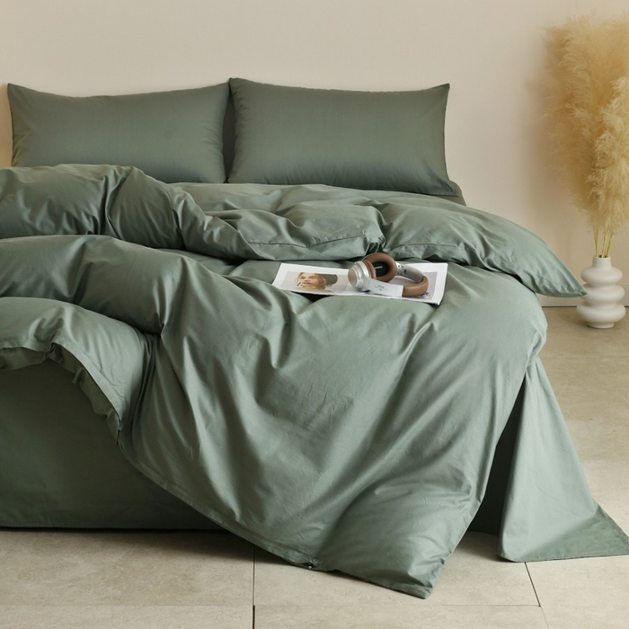 91家纺网 家纺一手货源 找家纺 泽西家纺+V17798841158发大图 2026新品A类全棉13376简约纯色双拼全棉四件套单被套枕套三件套 军绿