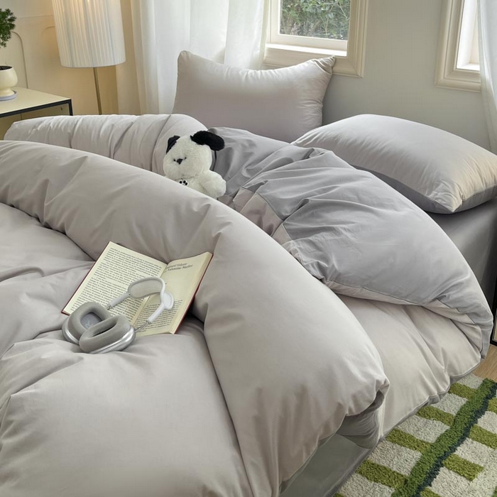 91家纺网 家纺一手货源 找家纺 泽西家纺+V17798841158发大图 2026新品A类全棉13376简约纯色双拼全棉四件套单被套枕套三件套 浅灰+深灰