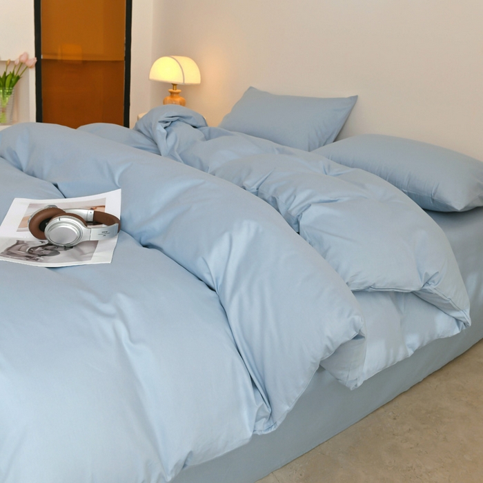 91家纺网 家纺一手货源 找家纺 泽西家纺+V17798841158发大图 2026新品A类全棉13376简约纯色双拼全棉四件套单被套枕套三件套 雾蓝