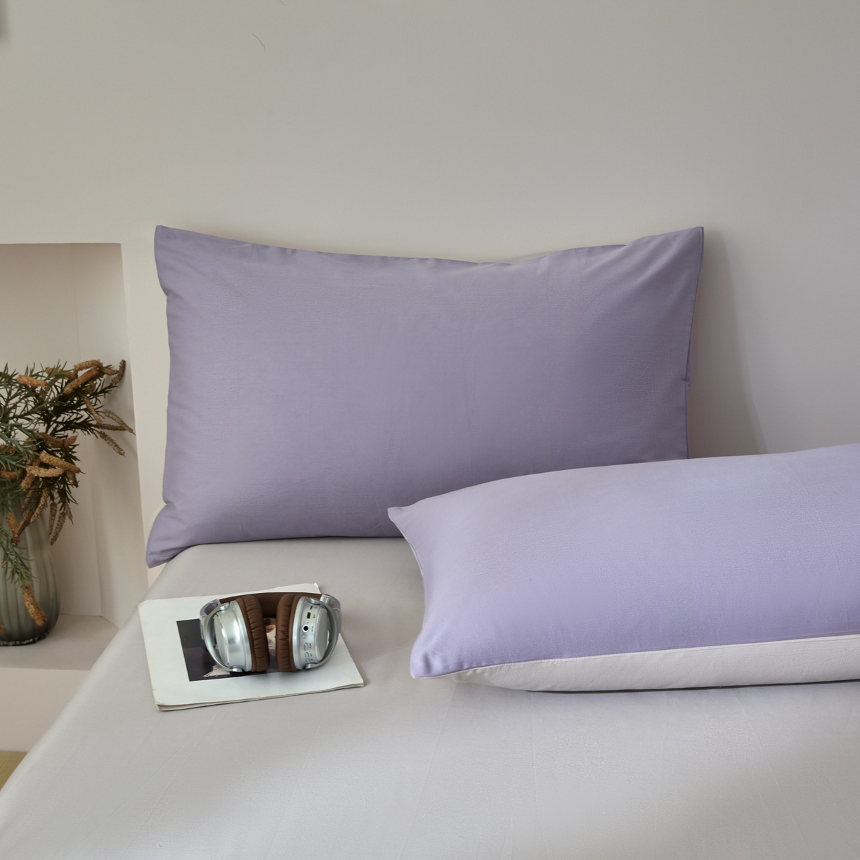 91家纺网 家纺一手货源 找家纺 泽西家纺+V17798841158发大图 2026新品A类全棉13376简约纯色双拼全棉四件套单被套枕套三件套 香芋紫+银河灰