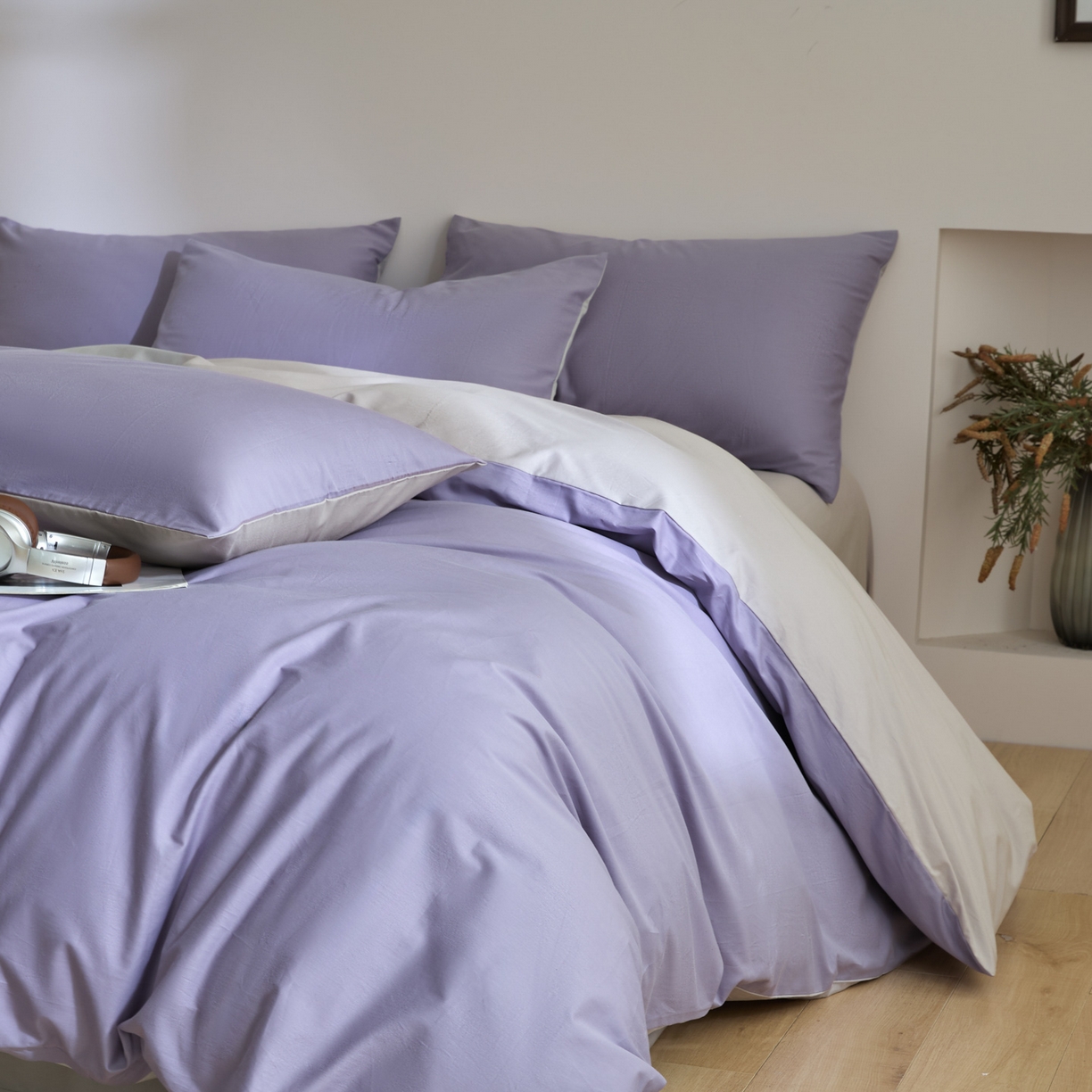 91家纺网 家纺一手货源 找家纺 泽西家纺+V17798841158发大图 2026新品A类全棉13376简约纯色双拼全棉四件套单被套枕套三件套 香芋紫+银河灰