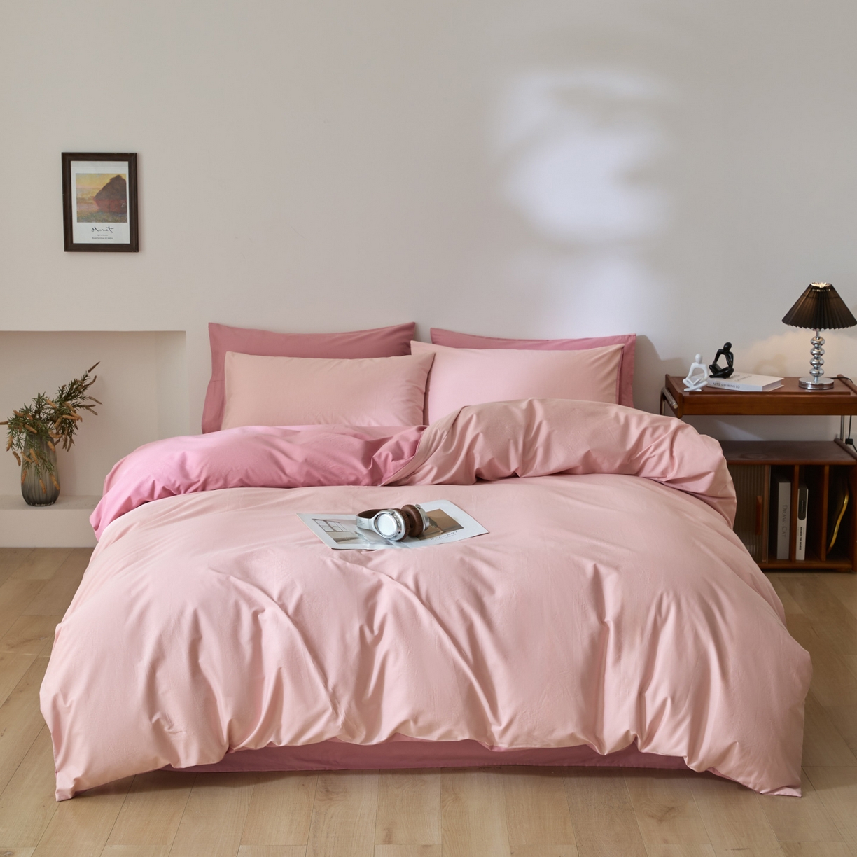 泽西家纺+V17798841158发大图 2026新品A类全棉13376简约纯色双拼全棉四件套单被套枕套三件套 浅喜粉+暖豆沙