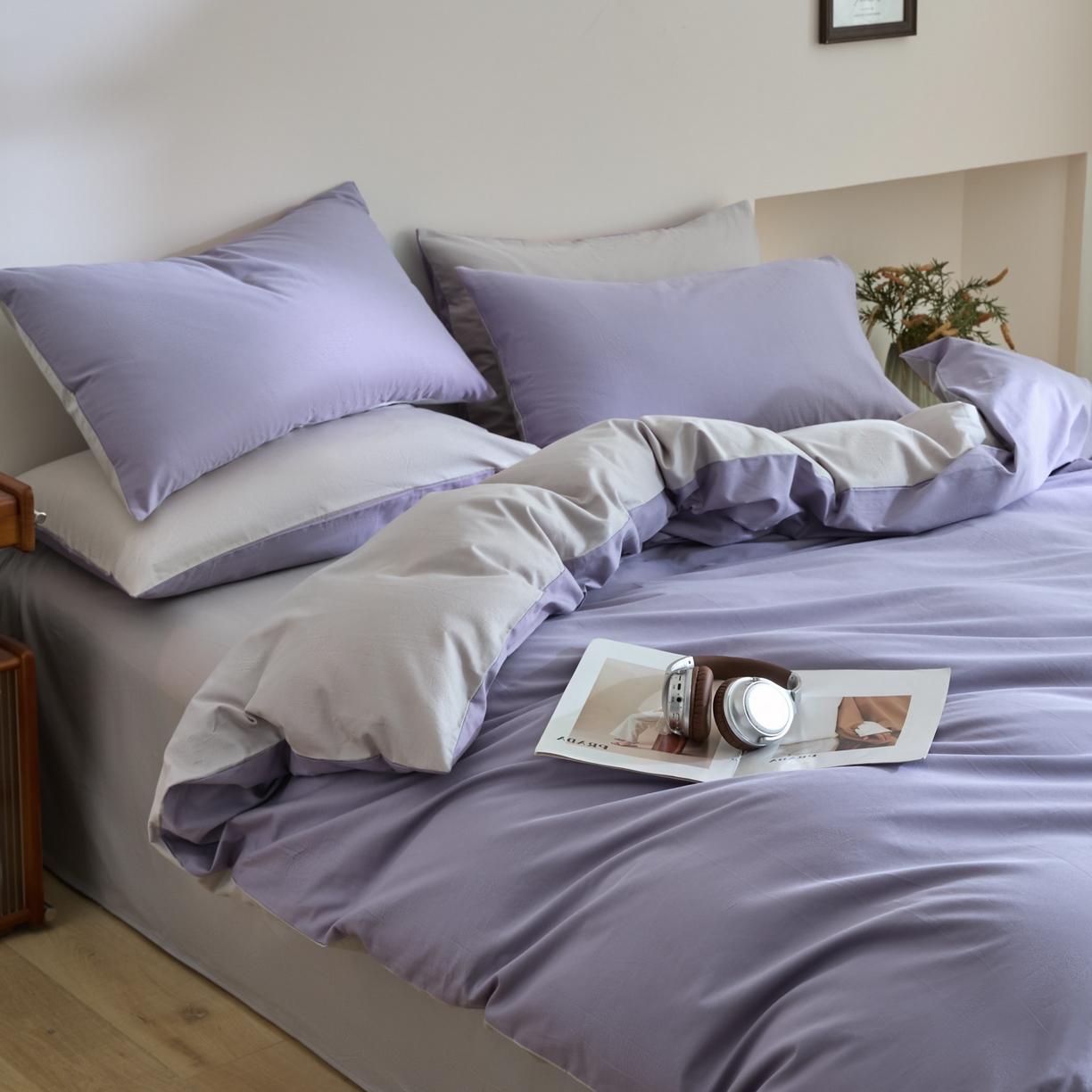 91家纺网 家纺一手货源 找家纺 泽西家纺+V17798841158发大图 2026新品A类全棉13376简约纯色双拼全棉四件套单被套枕套三件套 香芋紫+银河灰