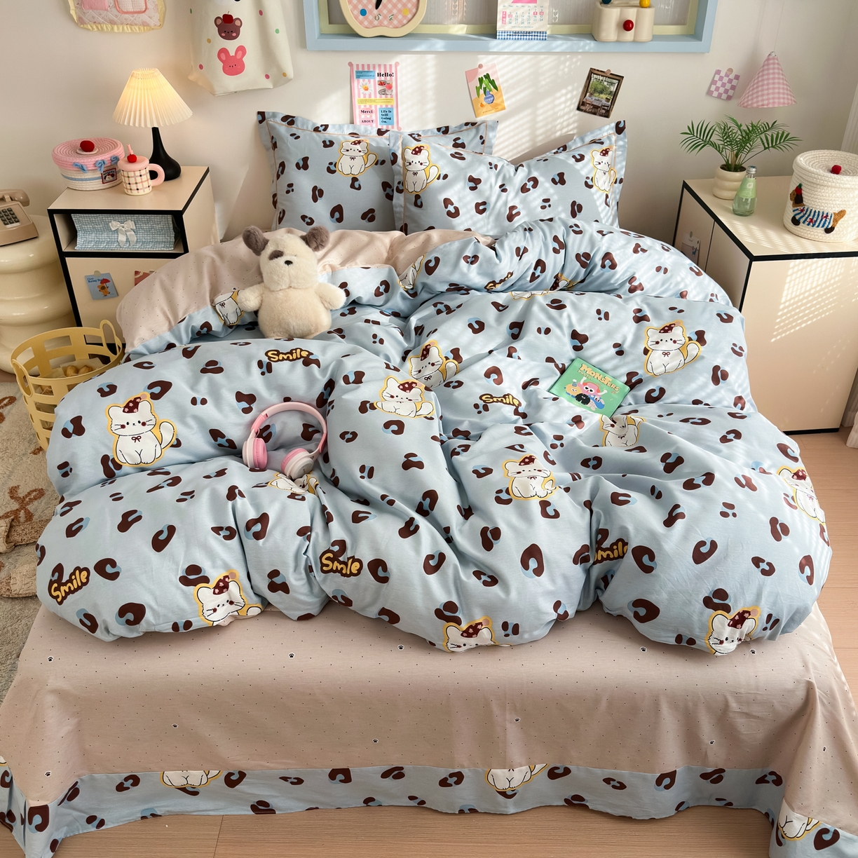 乐童家纺 2026新款全棉网红直播爆款吊边一字绣工艺款四件套 豹纹奶喵-蓝