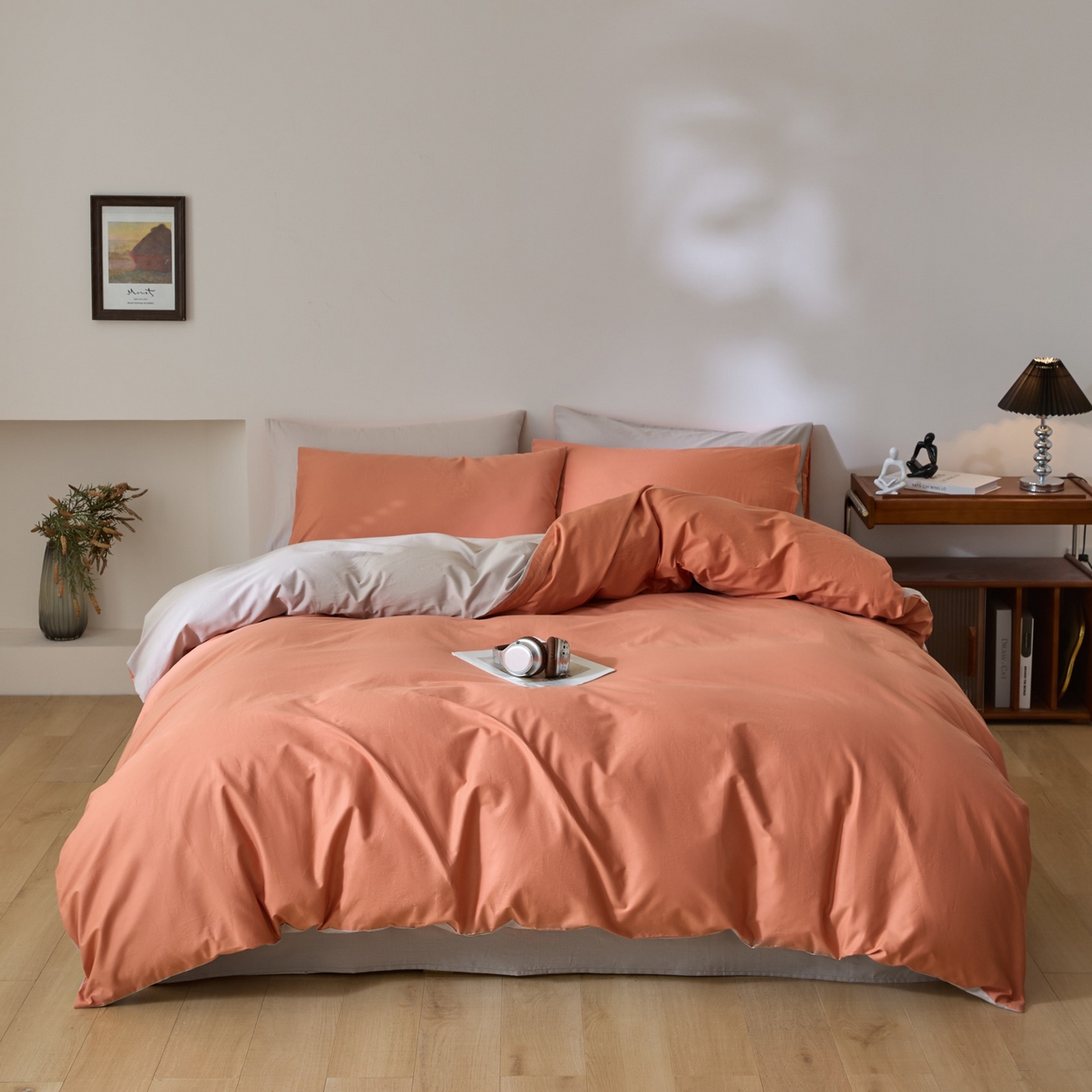 泽西家纺+V17798841158发大图 2026新品A类全棉13376简约纯色双拼全棉四件套单被套枕套三件套 西柚橙+银河灰