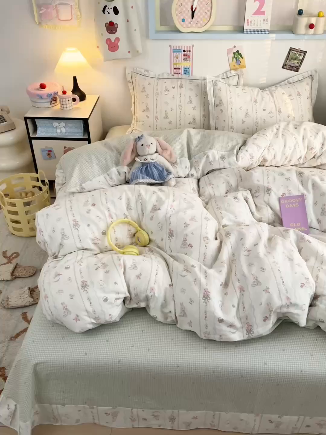 91家纺网 家纺一手货源 找家纺 乐童家纺 2026新款全棉网红直播爆款吊边一字绣工艺款四件套 红茶兔兔