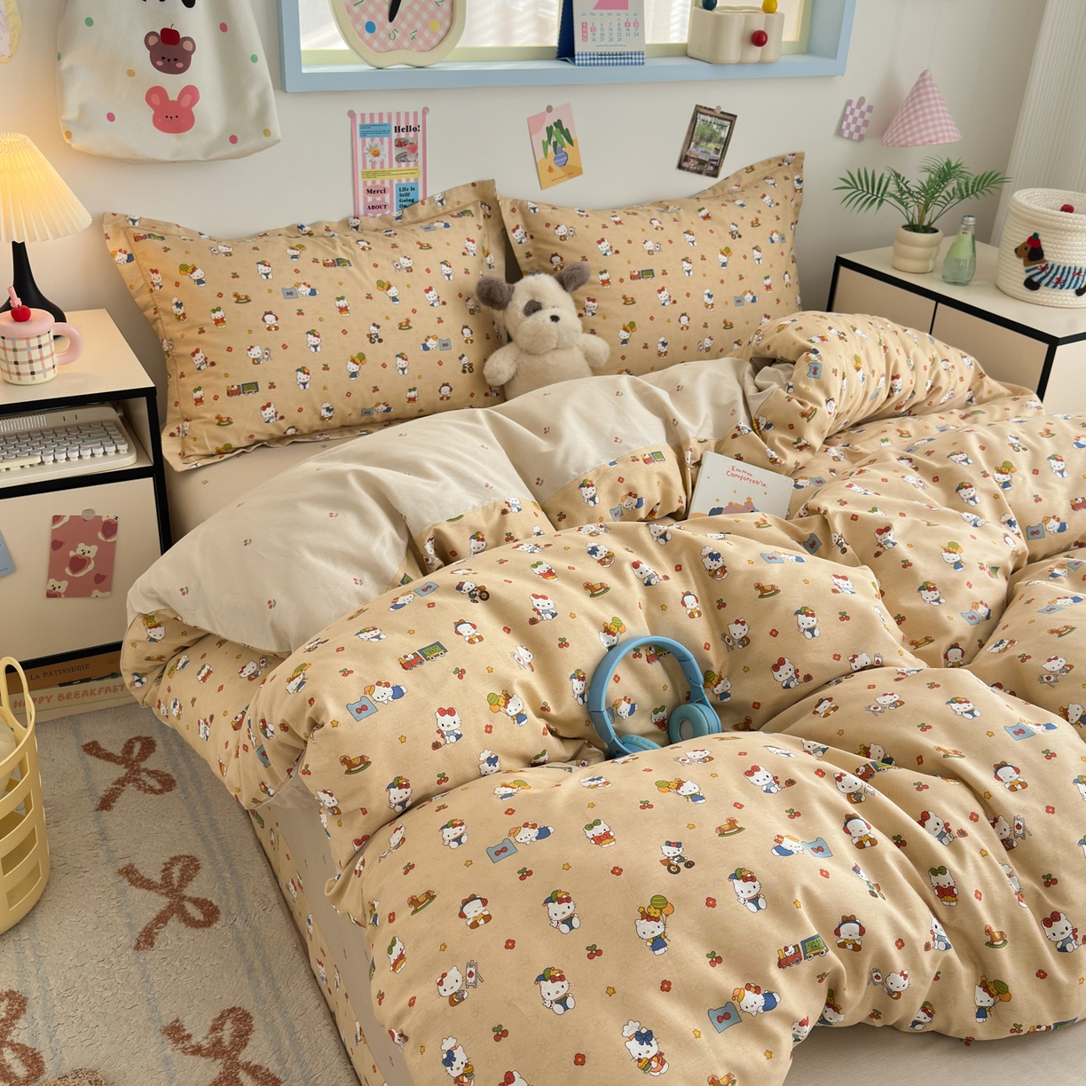 91家纺网 家纺一手货源 找家纺 乐童家纺 2026新款全棉网红直播爆款吊边一字绣工艺款四件套 凯蒂软糖咖